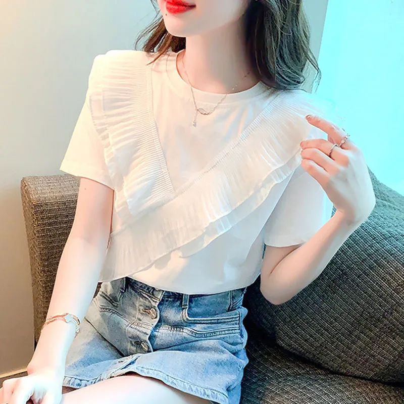 New Chiffon Cotton Women\'s Shirts Sweet Short Sleeve Women Blouse Ruffles Summer White Woman Tops Bottoming Office Lady Clothes