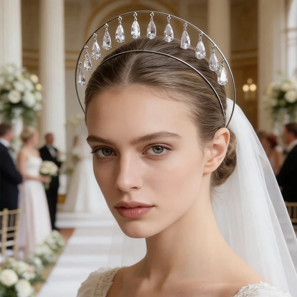 Bridal Double Water Drop Forehead Headband Hat Princess Hair Accessories INS Mesh Rhinestone Head Chain Cap Wedding for Women