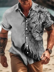 Summer Classic Style Lion Hawaiian Flower Male Social Retro Casual Slim Fit Dress Shirt Blouse Floral Men 3d Print Loose Camisas