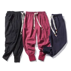 spring Cotton Linen Harem Pants Men Solid Elastic Waist Streetwear Joggers 2023 New Baggy Drop-crotch Pants Casual Trousers Men