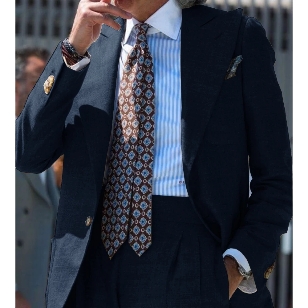 Herrenanzug, 2-teiliges Set, Baumwolle, Leinen, einreihig, schmale Passform, lässiger Business-Anzug für Herren, stilvoll, elegant, 3 Taschen, bequem