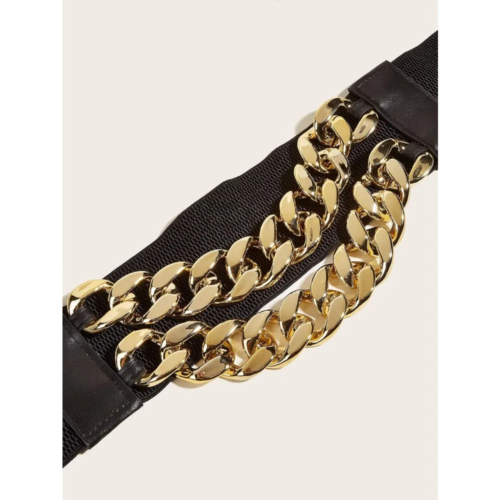 Women Gold Chain Decor Snap Button 8cm Wide Black Elastic Belt