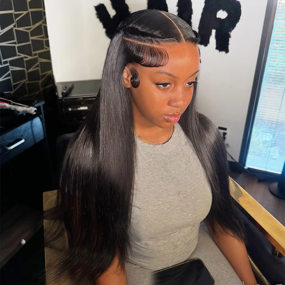 

40 Inch Extra Long 250% Density Natural Black 13x4 HD Lace Frontal Bone Straight Silky Soft 13x6 Remy Human Hair Wigs Pre Plucked Hairline Invisible Bleached Knots 5x5 Glueless Closure Wear and Go Shiny Thick Ends