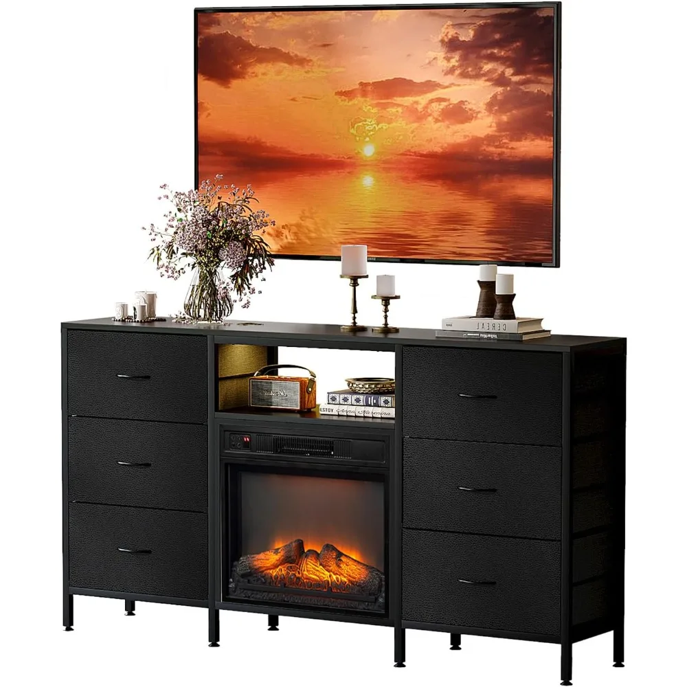 

Подставка для камина, комод с тканевым ящиком для телевизора с диагональю до 70 дюймов, развлекательный центр 58 дюймов со светодиодной подсветкой и промышленным режимом