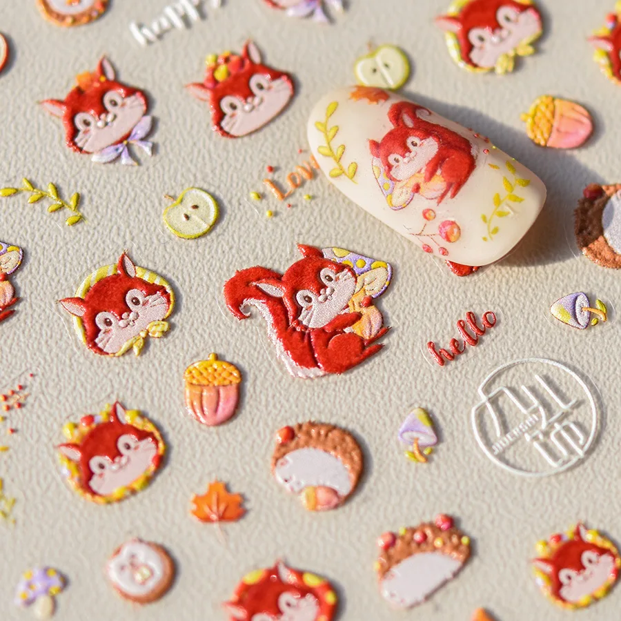 Cute Cartoon Red Hedgehogs Squirrels Fruit Dessert Dog Cat Soft Embossed Relief Self Adhesive Nail Art Sticker 3D Manicure Decal