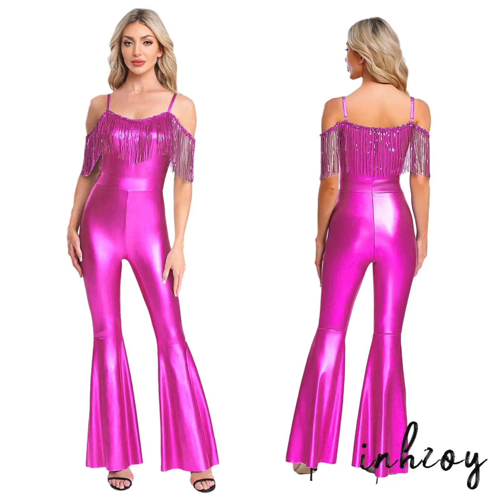 

Womens Glittering Festival Wear Metallic Shine Body Contouring Fit Jumpsuit One Piece Bodysuit for Music Pary Dance Performances