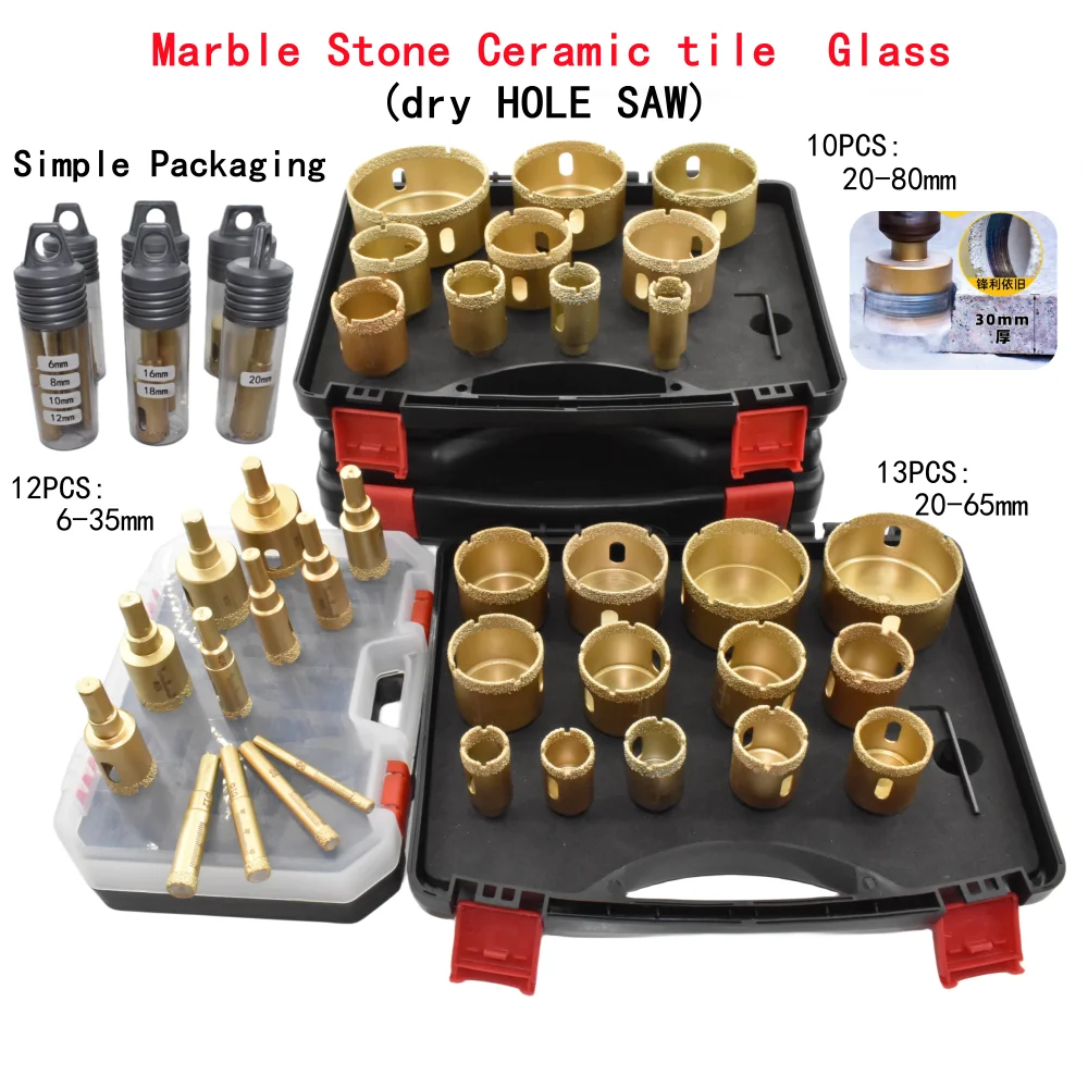 Dry Operation Diamond Coated Drill Bits Set Hole Saw Kit Hand Tools for Glass Marble Granite Stone Tile Ceramic  10Pcs12Pcs 13Pc