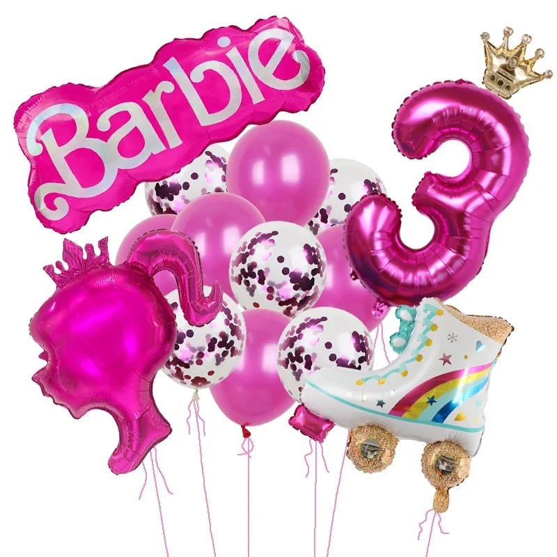 15 pz rosa Barbie corona cuore stella Foil Globos rosa rosso paillettes palloncino in lattice numero 1-9th Baby Shower bambini ragazza festa di