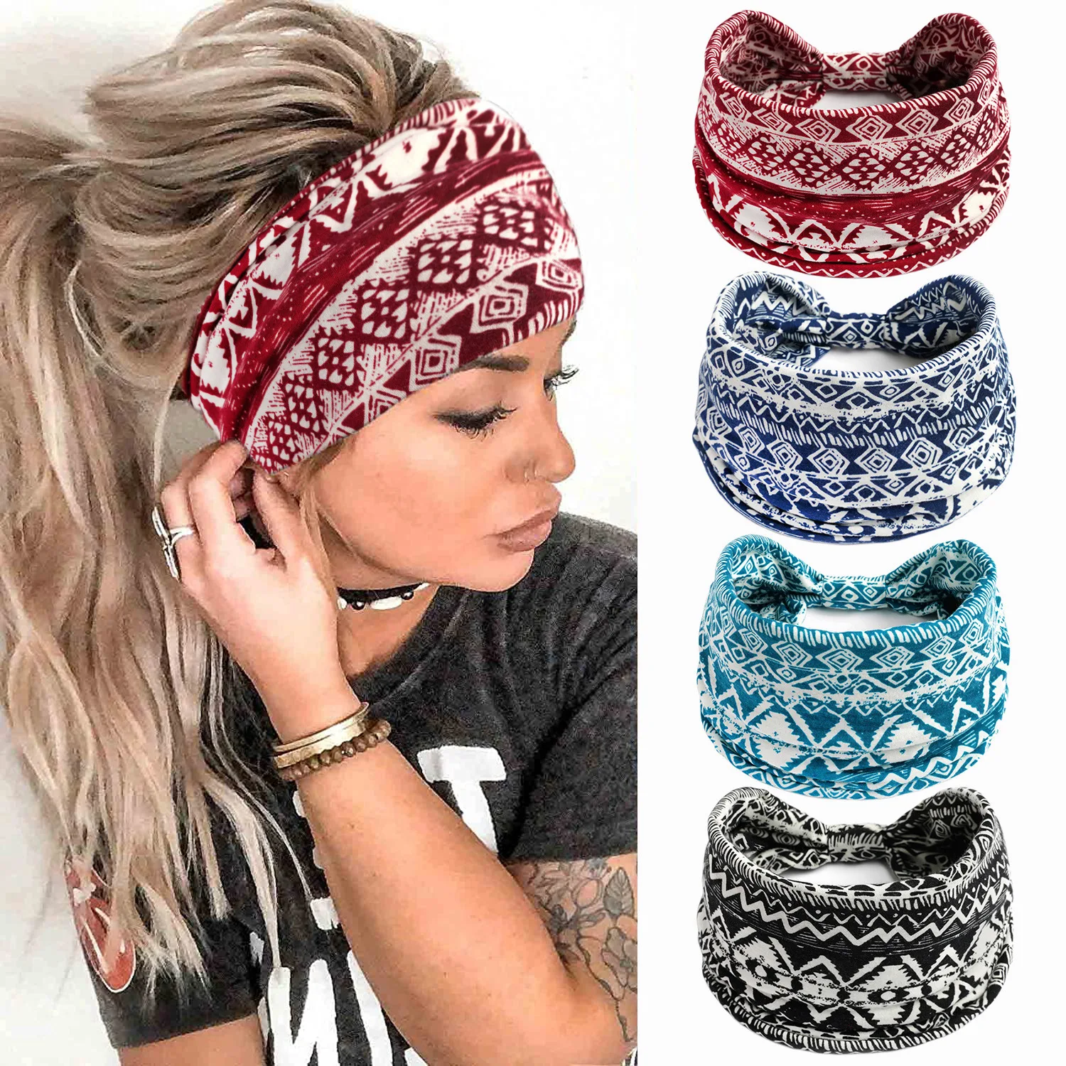 Bohemian Headbands for Women Cashew Flower Head Band Yoga Sports Hairband Elastic Cotton Wide Bandanas Headwear Hair Accessories