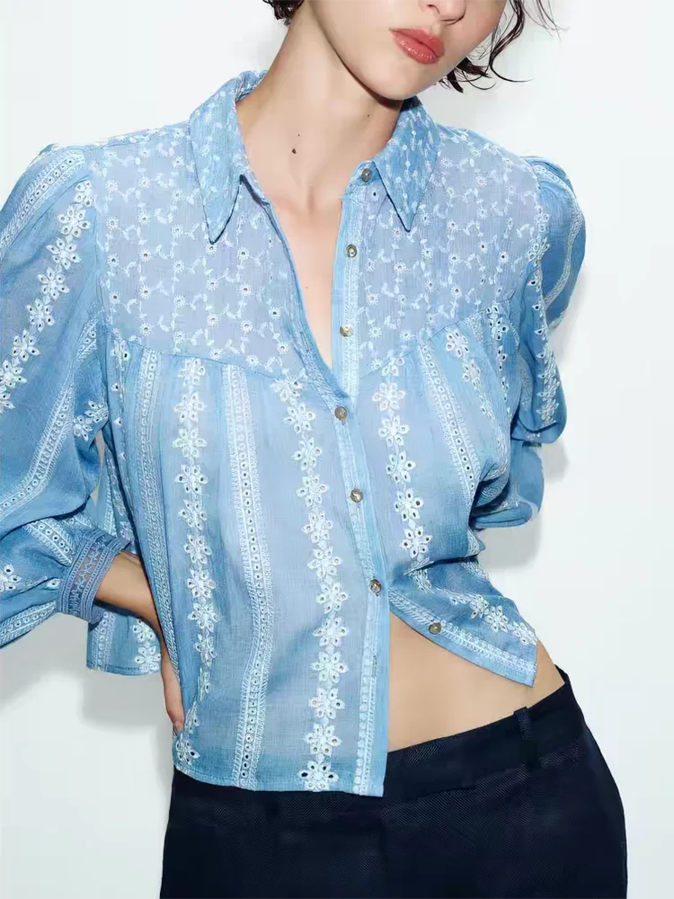 

Romantic Embroidered Hollow out Spring New Arrival Women's Short Shirt Long Sleeve Turn-down Collar Button Closure Fashion La...