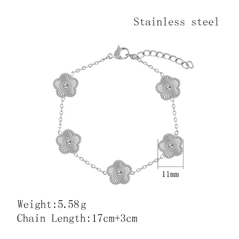 1Pc Y2K Style Metal Double Sided Plum Blossom Plant Five Leaf Flower Adjustable Bracelet Stainless Steel Luxury Women's Clover image 3