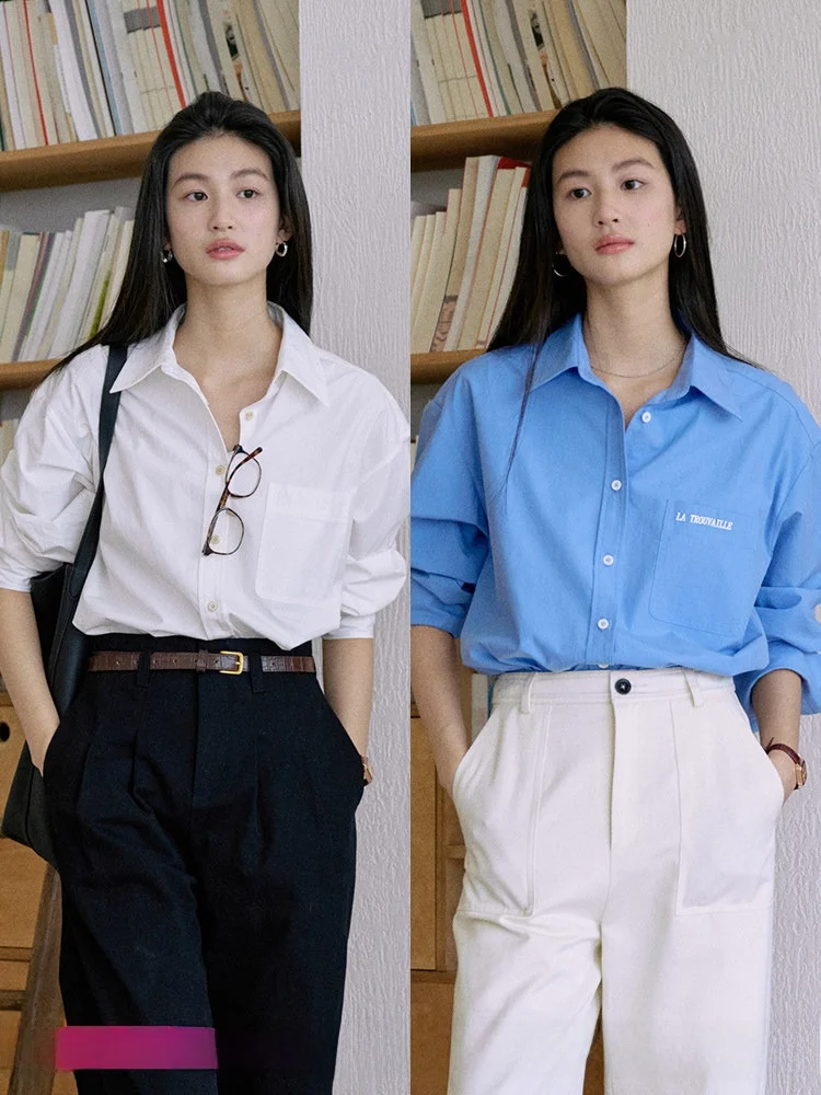 

Casual Sle Long Sve Women's irt Jicouture Cotton Tailored Collar Embroidered Loose Fit Versatile Leisure Top