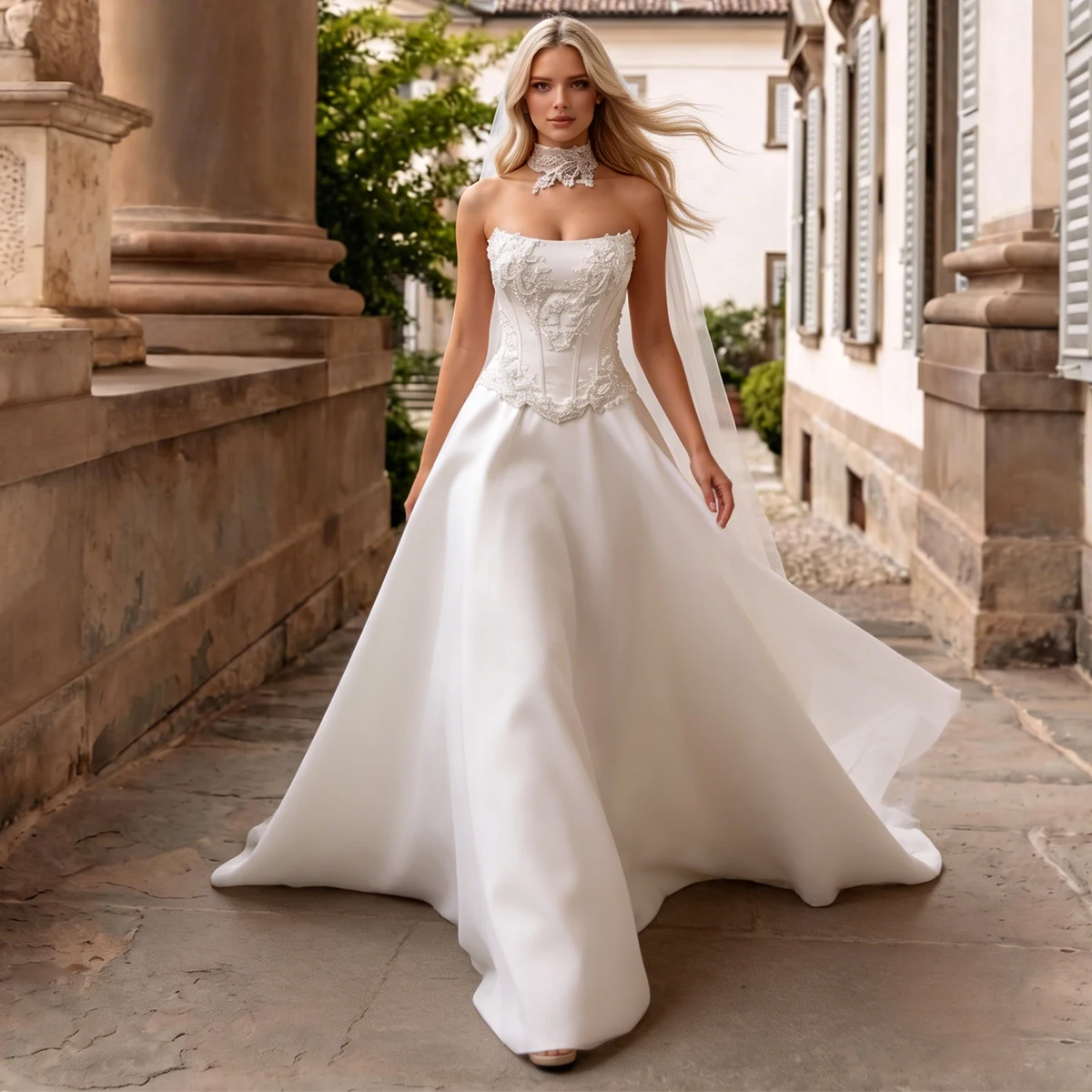 

Simple Appliques Lace Wedding Dresses For Women Satin Bridal Party Gown For Bride Long Strapless Ball Gown Vestidos Novia