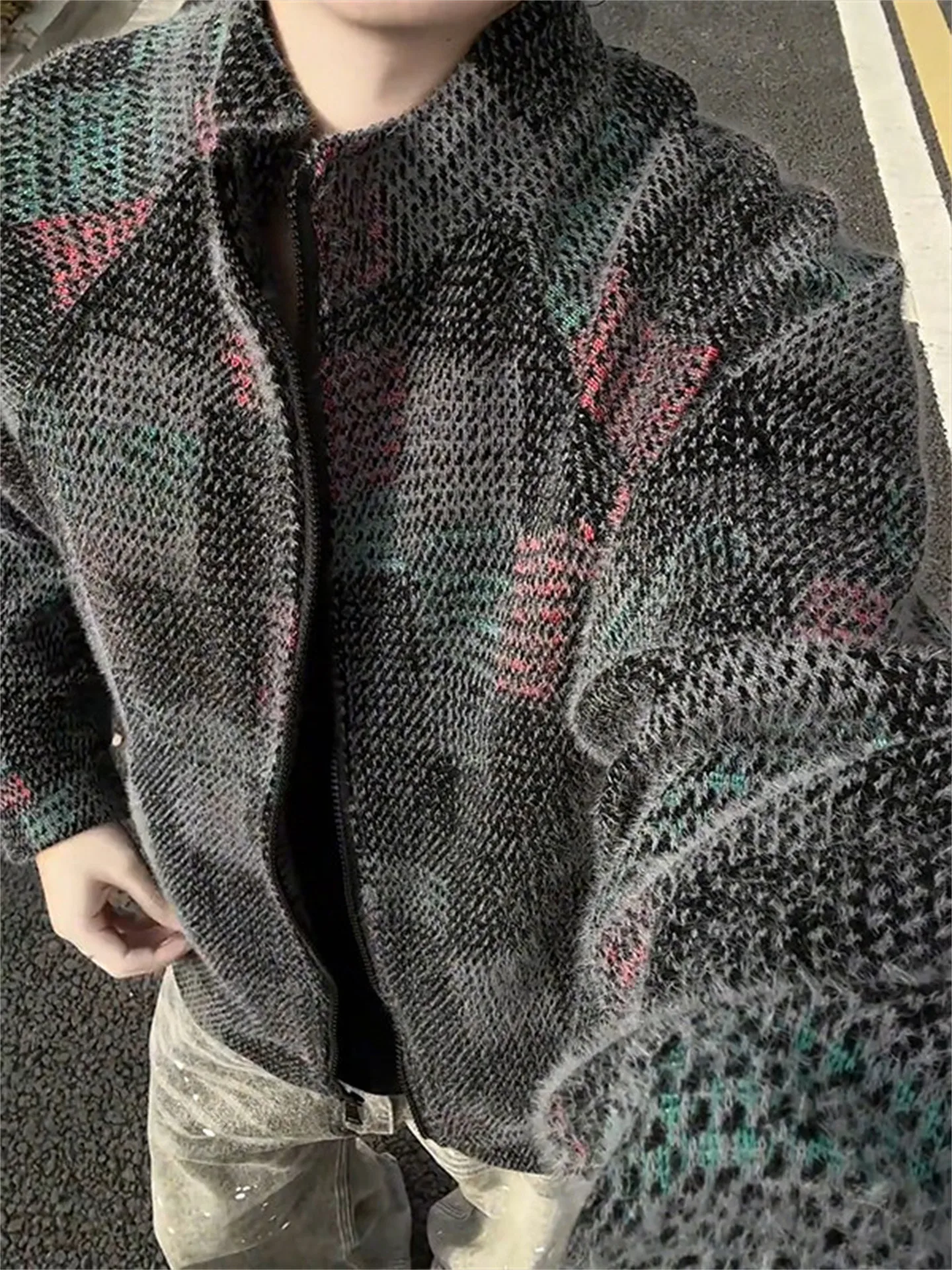  Plaid Stand Collar Zipper Knitted Sweater Unique Design Men's Fashion High Quality Jacket Top Autumn Youth Casual