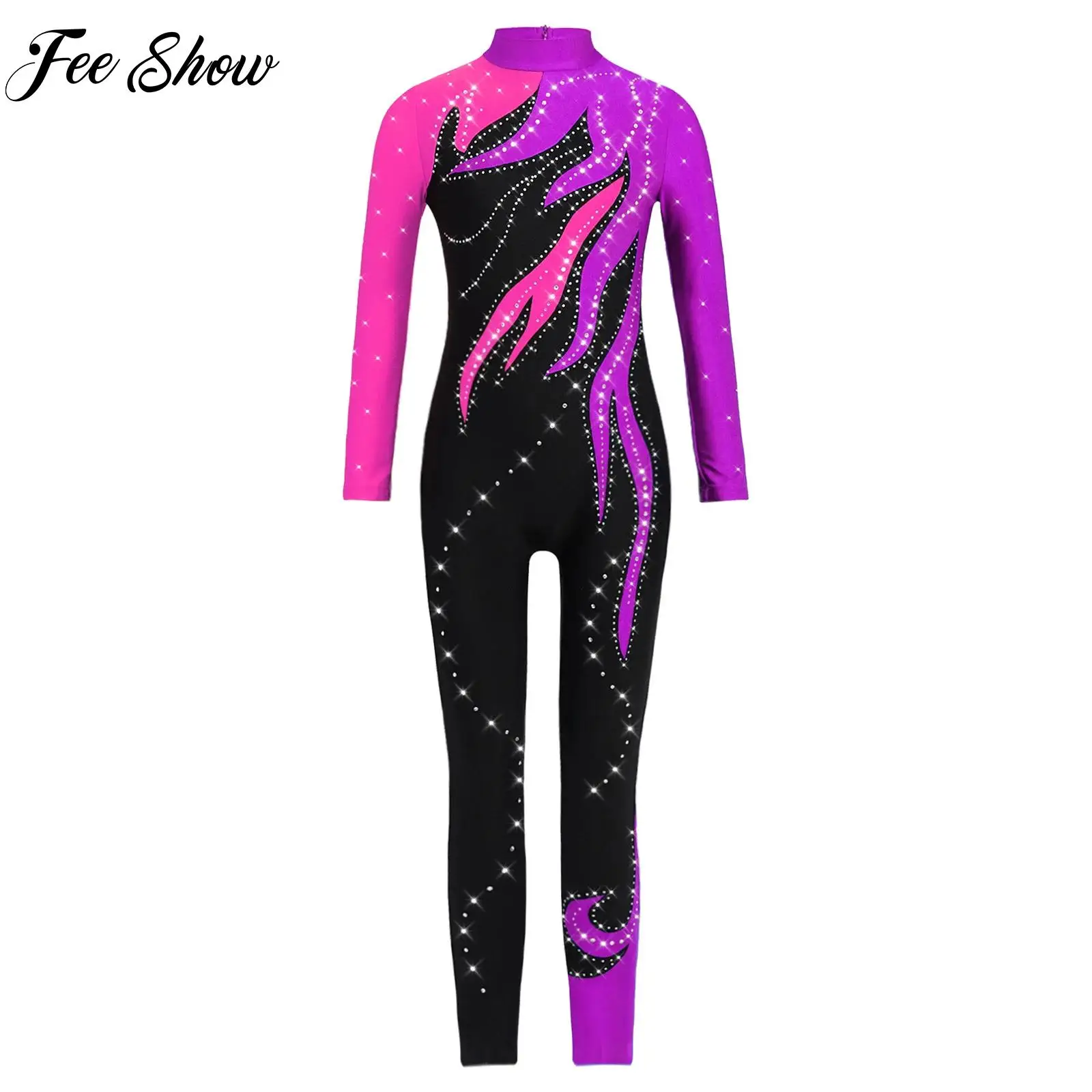 

Teen Girls Rhinestones Gymnastics Jumpsuit Long Sleeve Bodysuit Full Body Leotard for Acrobatics Ballet Dance Figure Skating