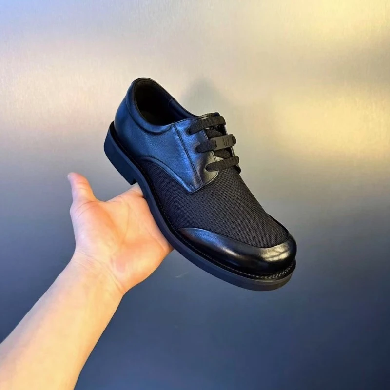 Men Leather Mesh Oxford Shoes 2026 Summer Round Toe Lace-up Soft Sole Breathable Business Casual Footwear Korean Style Black