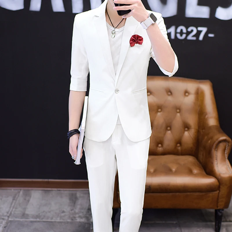 

Летний мужской модный костюм-тройка: приталенный пиджак, тонкие брюки 7/8 и повседневные брюки-чинос, однотонный, в британском стиле, на одной пуговице