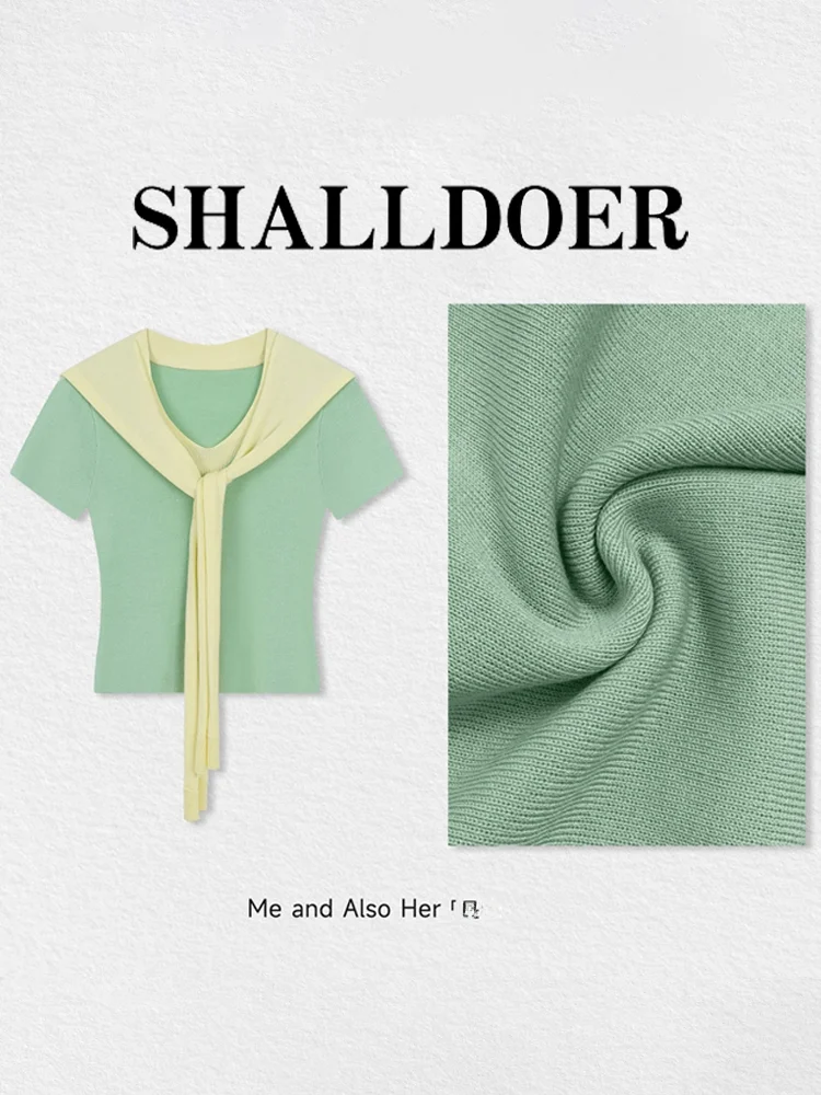 Summer Unique Beautiful Women's Fashion Set V-neck Color Block Shoulder Shawl Top A-line High Waist Short Skirt Two-piece Set