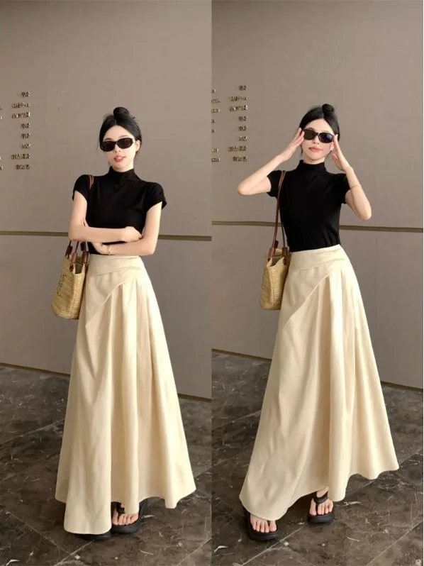 

Summer Black Top And High Waist Skirt Two-Piece Set for plus Size Women Korean Style Slimming Fashion Ensemble