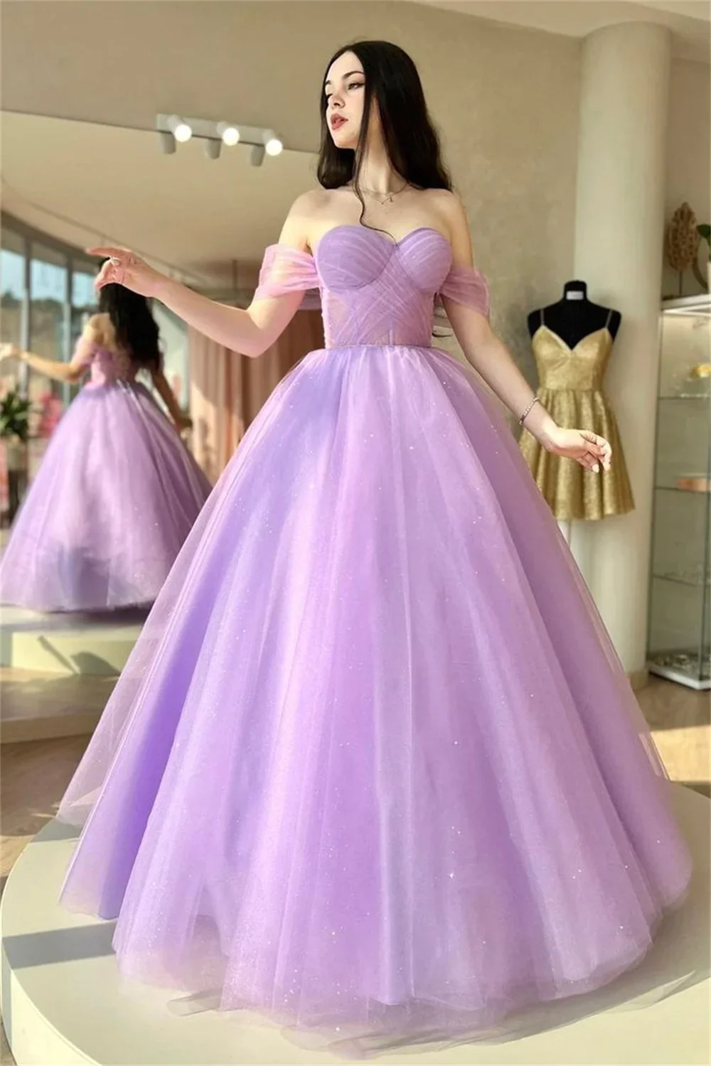 

Amanda Glitter Purple فساتين السهرة Sweet Off Shoulder Prom Dress Ball Gown Vestidos De Noche Shiny Corset فساتين مناسبة رسمية