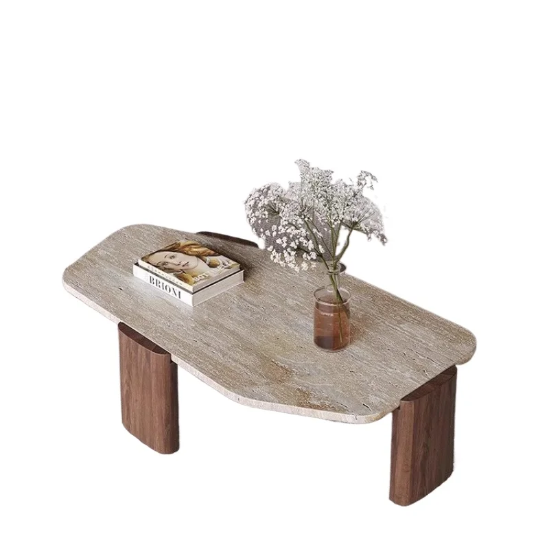 

Special-shaped natural travertine solid wood coffee table, small apartment in the living room, medium and ancient style design
