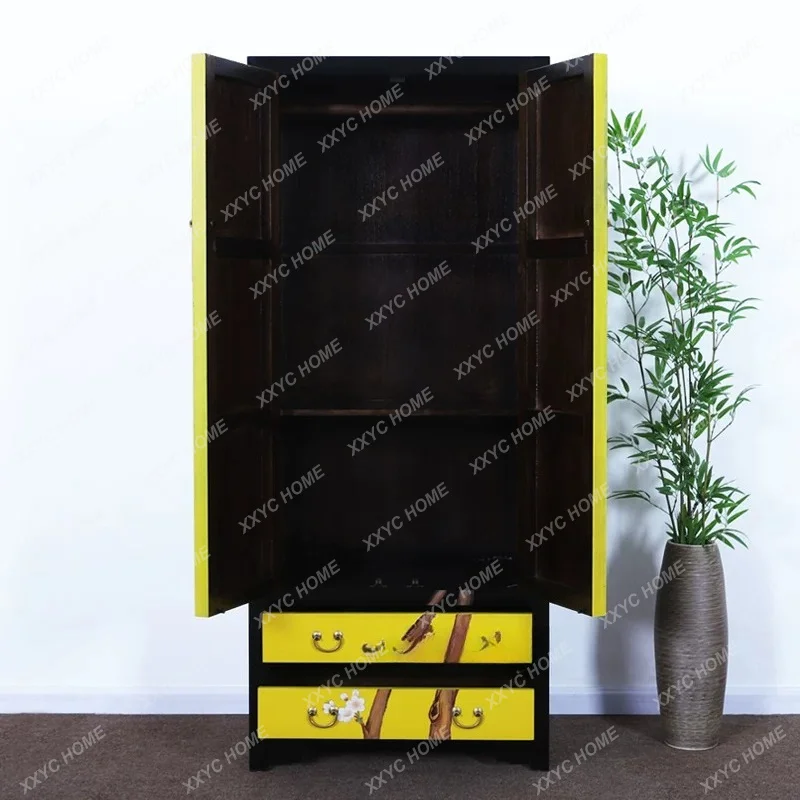 New Chinese modern solid wood elm wardrobe painted bedroom storage large decorative cabinet double door book sundry cabinet