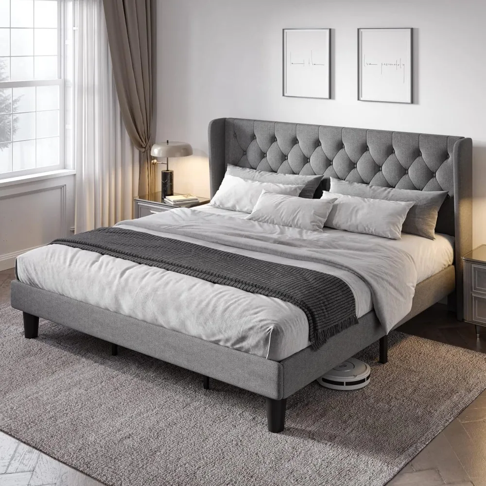 

King Size Wingback Button-Tufted Upholstered Platform Bed Frame with Headboard for Reading, featuring Strong Wood Slat Support.