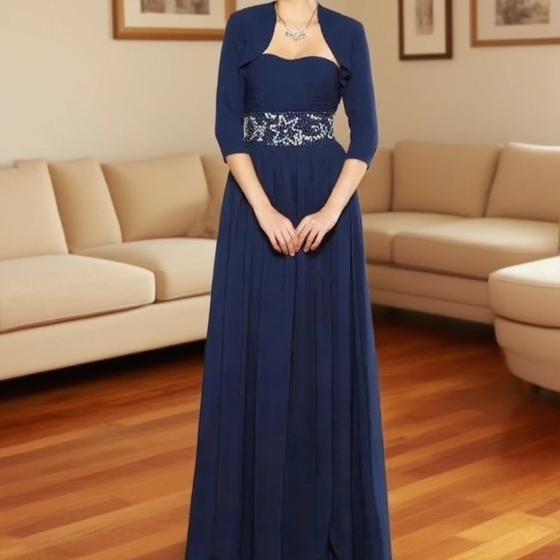 

Customized Blue Mother Of The Bride Dresses A-line Chiffon Beaded With Jacket Plus Size Long Groom Mother Dresses For Wedding
