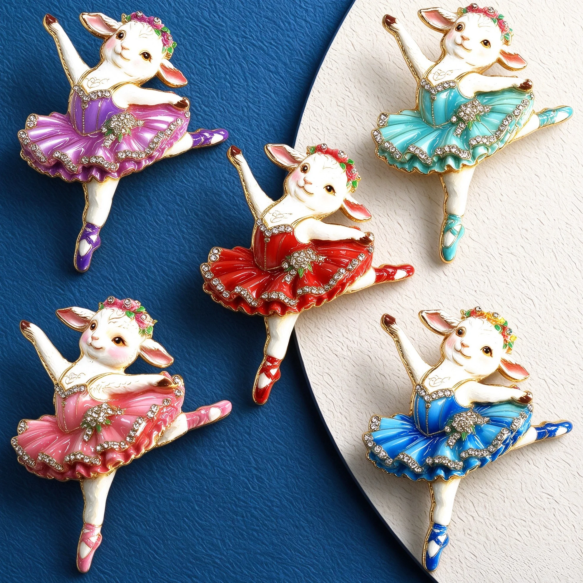 Essh&Pule Vintage Ballerina Sheep Brooch Enamel Crystal Rhinestone Cute Dancing Lamb Lapel Pin for Women Coat Scarf Jewelry Gift