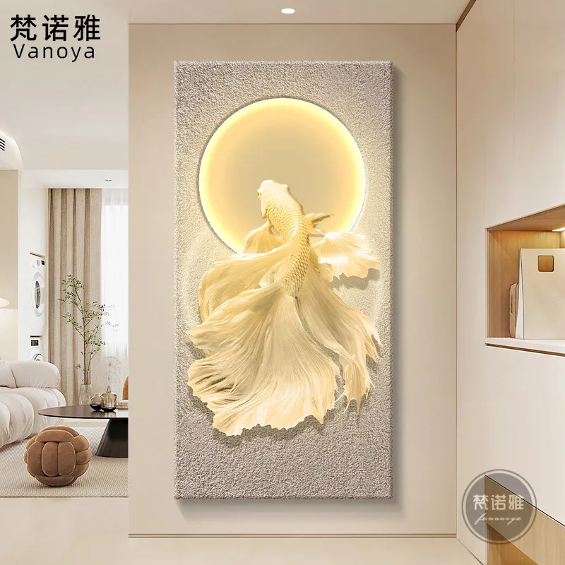 Good Luck Koi Entrance Decor Painting Sandstone Double-Layer 3D Doorway Hallway Wall Light Art