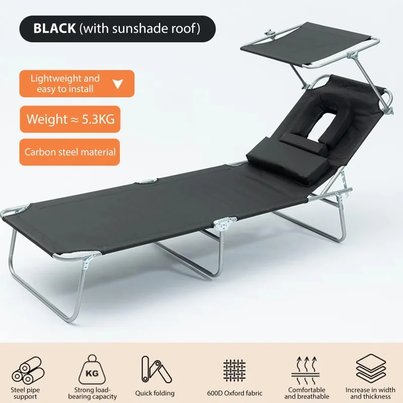 Outdoor Sunbathing Lounge Chair with Attachable Sunshade Adjustable Backrest Folding Tanning Bed for Balcony/Garden