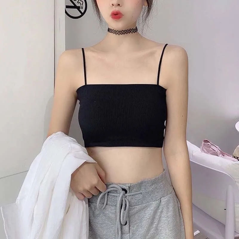 Women Nylon Spaghetti Straps Basic Cropped Tank Top Slim Camis Fitness Underwear Sweet Solid Tube Top 2022 Summer 2-Piece Set