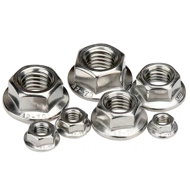 304 Stainless Steel Fine Thread Hex Flange Nuts M8 x 1.0 M10 x 1.0 M10 x 1.25 M12 x 1.25 M12 x 1.5 Serrated Spinlock Locking Nut