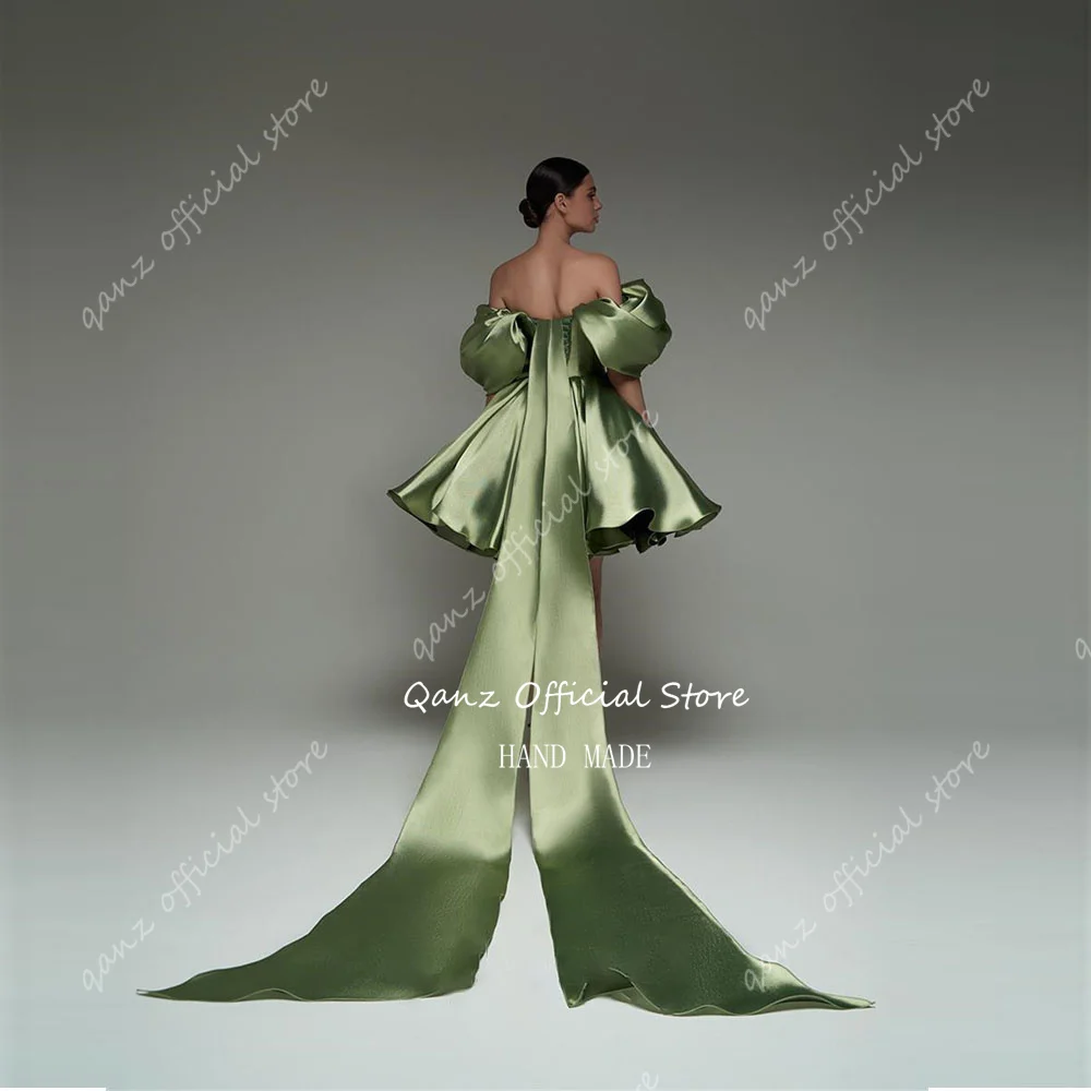 Qanz Off The Shoulder Green Prom Dresses Short Party Dresses Satin Abendkleider Dubai Luxury Cocktail Dresses 2024 Customized