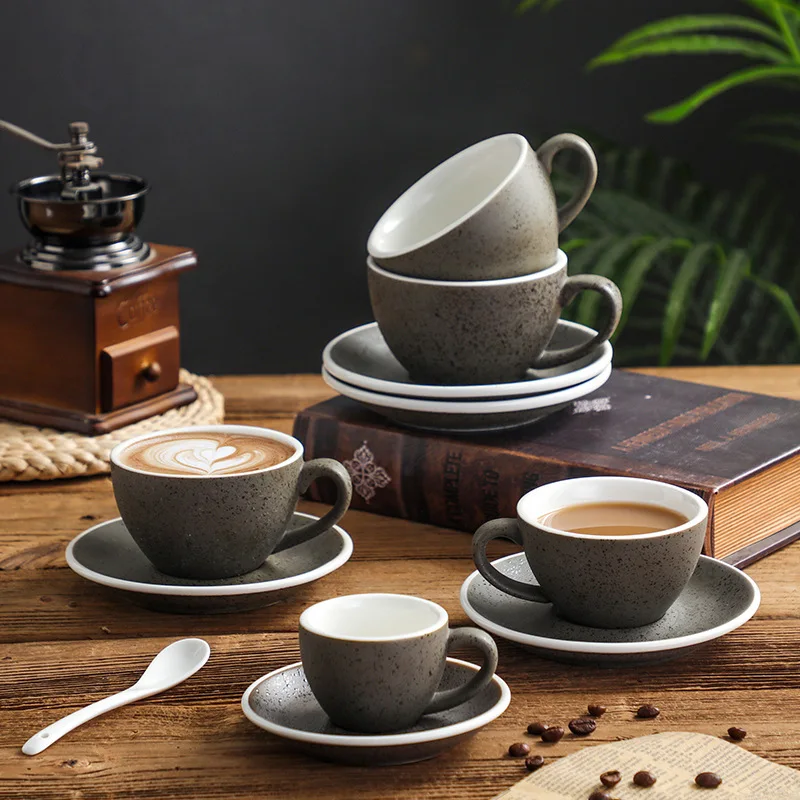 

Ceramic Retro Granite Coffee Cup and Saucer Set Espresso Latte Cappuccino Mug Pull Flower Mug Teacup Home Drinking Utensils