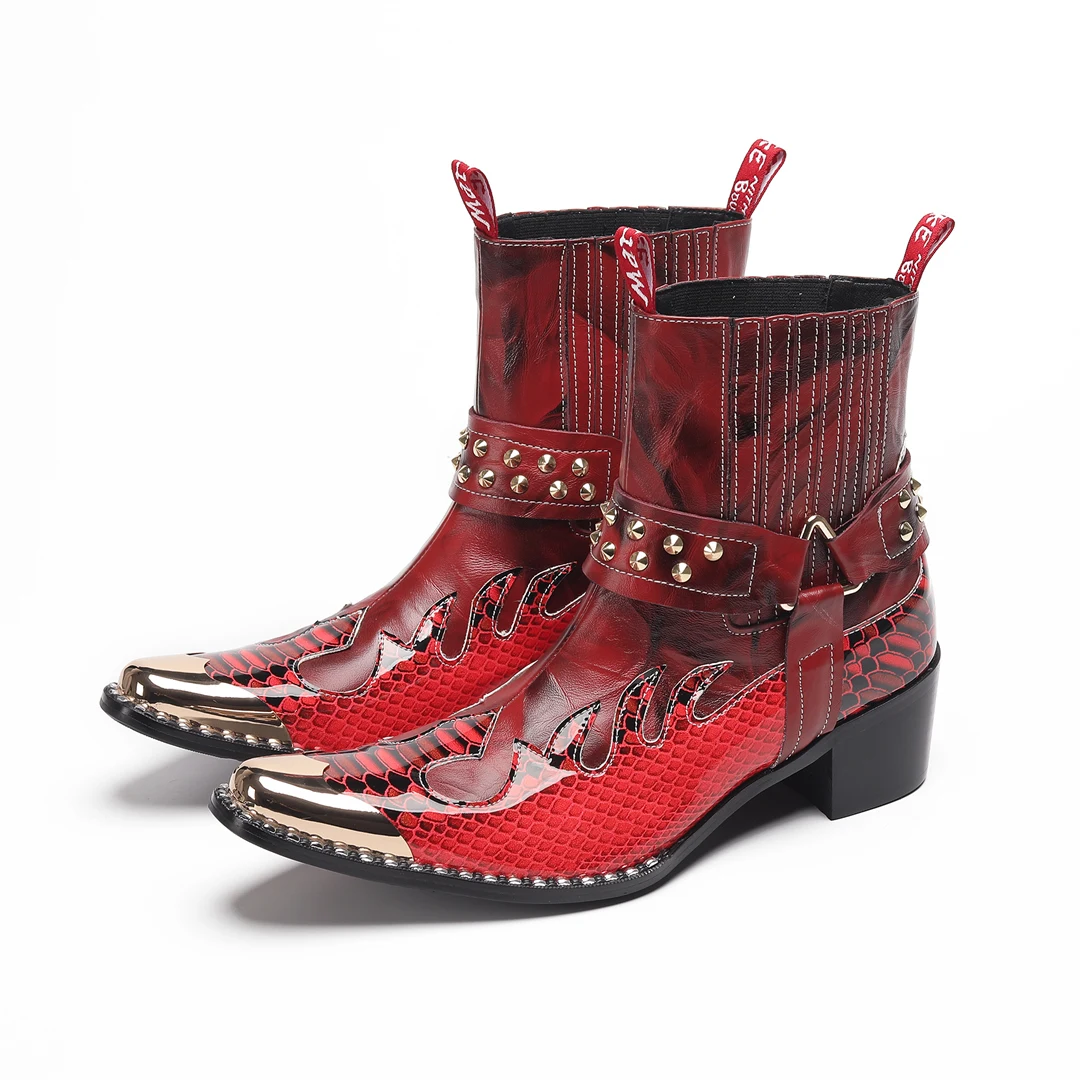 Herren-Designer-Stiefeletten aus echtem Leder mit Metallspitze, Nieten-Dekor und Print, Übergrößen, Cowboy-Motorrad-Schuhe für Business – Detail 4