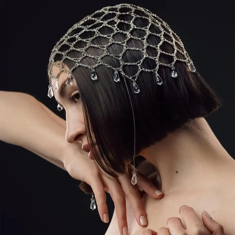 Crystal Tassel Rhinestone Headpiece Hair Headpiece Beaded Mesh Chain Headpiece Draped Design Crystal Hair Jewelry