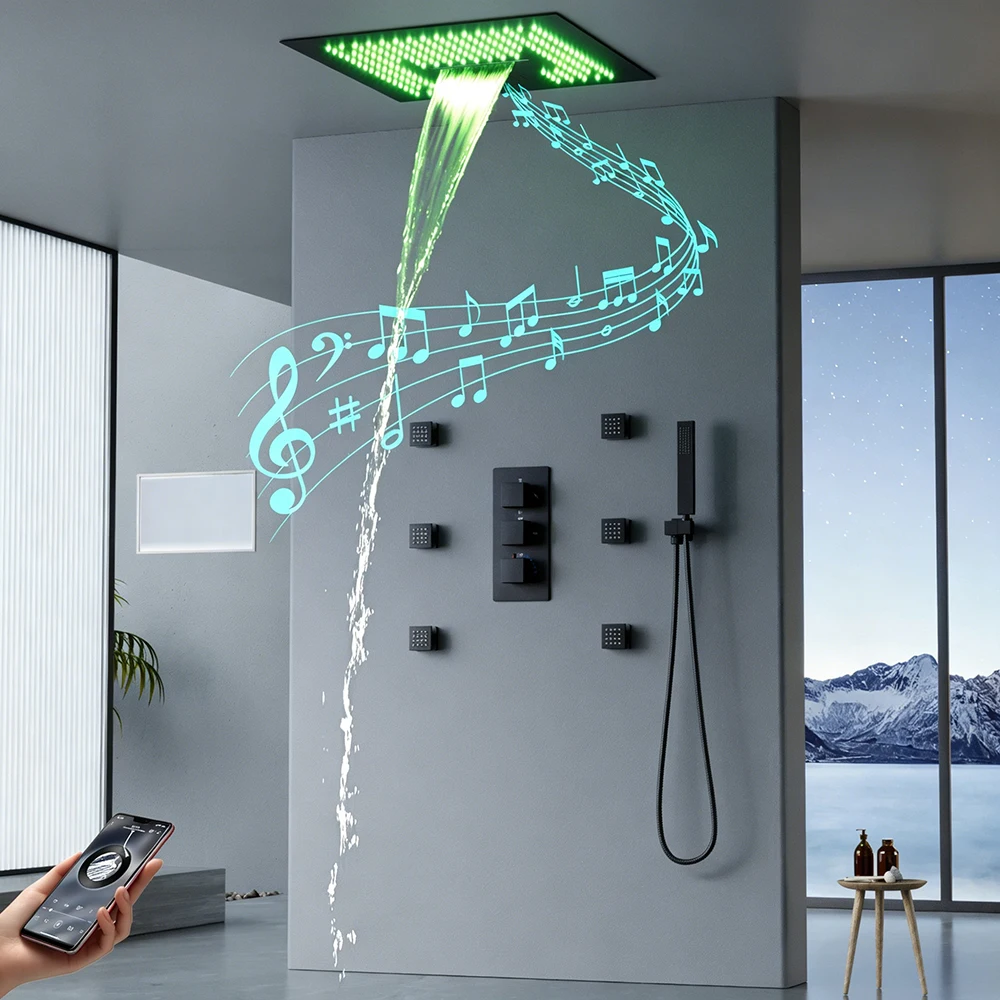 400X400mm LED Shower Head with Music 4-Function Thermostatic Shower System Matte Black Luxury Bathroom Rain Shower Set