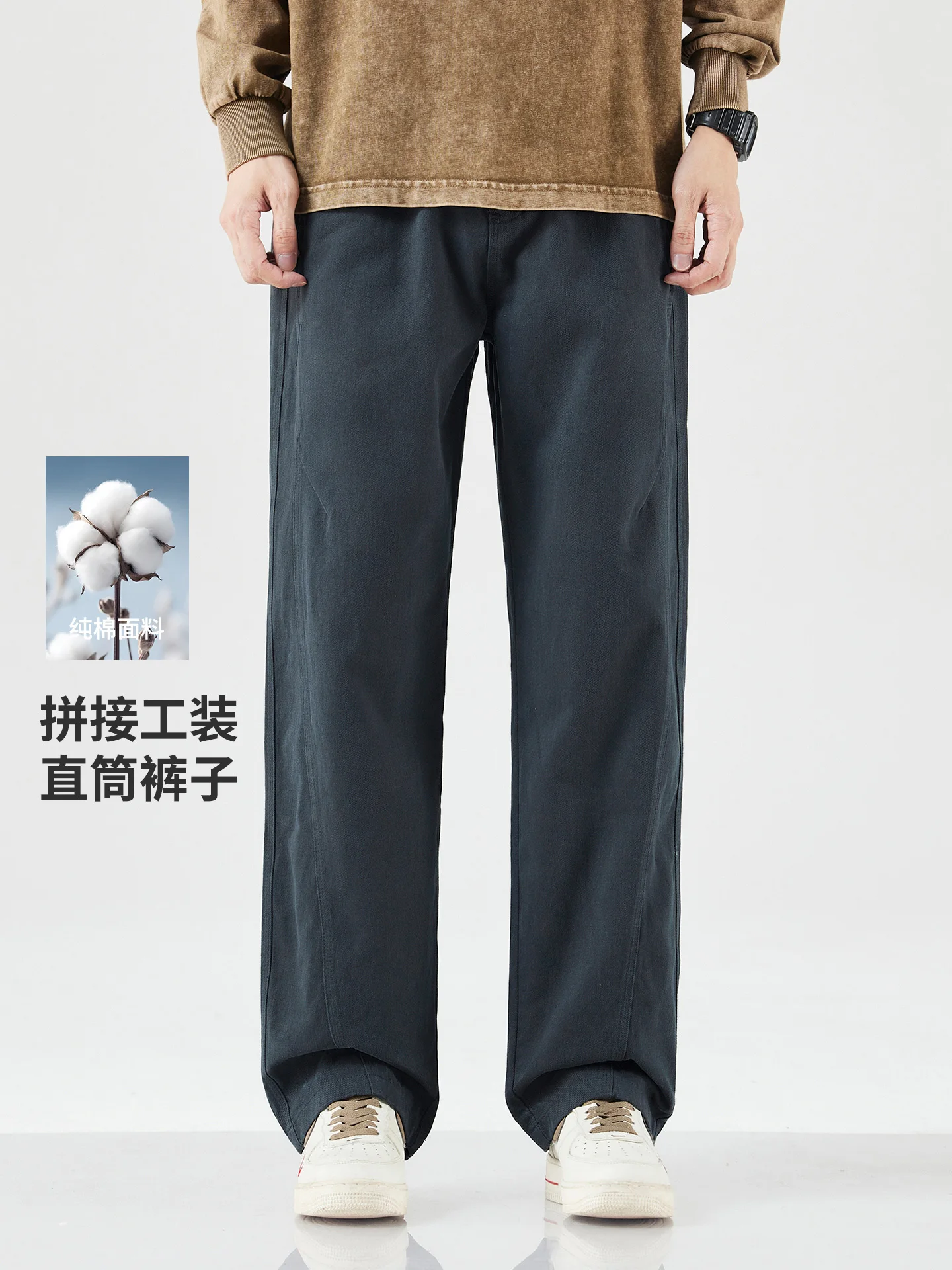 DUKEEN Heavyweight 100% Cotton Straight-Leg Pants for Men Loose Fit Cargo Trousers Vintage Workwear Fall Winter Casual Pants