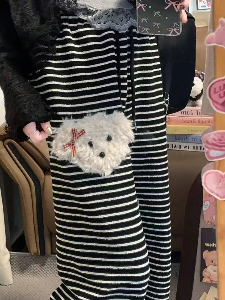 لطيف شعر جرو بنطال ذو قصة أرجل واسعة النساء الشتاء فضفاض الرباط سراويل تقليدية Y2K عالية الخصر شريط كل مباراة بنطلون مستقيم #5