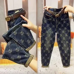 Calça harém de cintura alta feminina, jeans retrô, calça capri solta, bordado casual, cintura alta, design de nova tendência, primavera e outono, 2022