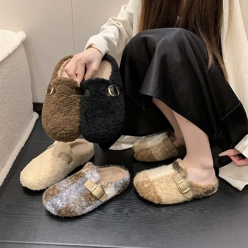 

2025 NEW Women Fur Suede Flats Slippers Platform New 2025 Winter Short Plush Cotton Trend Casual Warm Slippers
