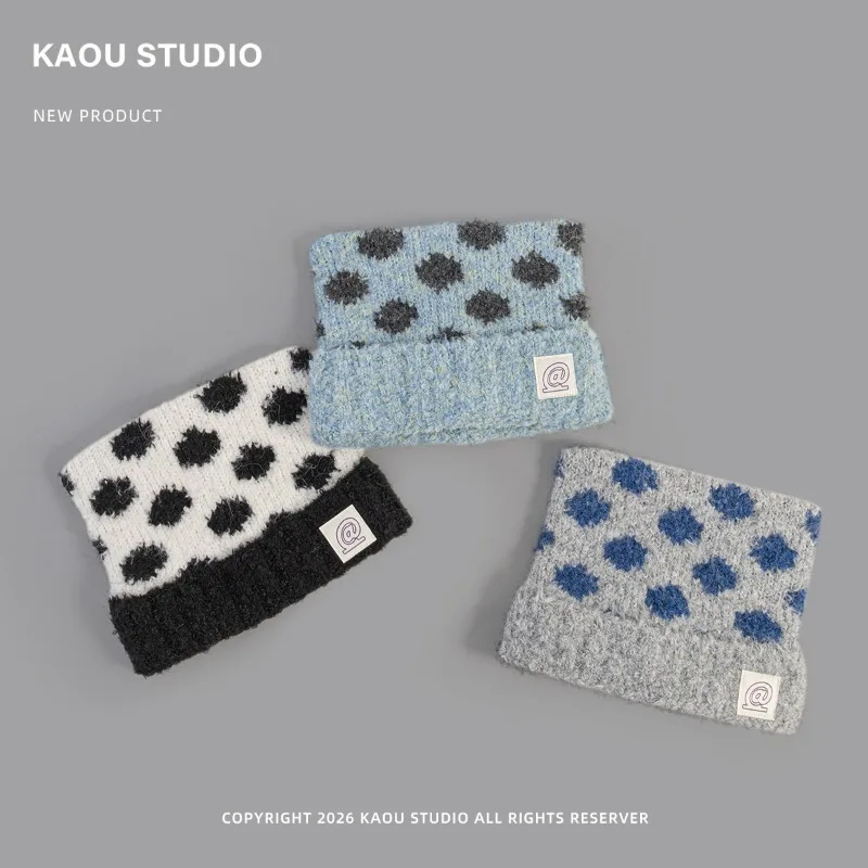 Koreanische Polka-Dot-Katzenohren-Strickmütze für Damen, süße, warme Mütze für Herbst und Winter. – Detail 2