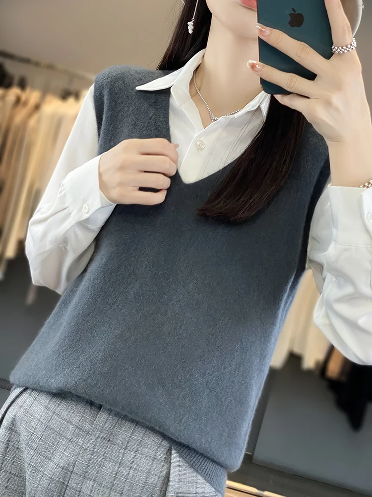 Women Wool Vest Pullover V-neck Vest Solid Color Knitwear Vest Simple Fashionable Casual Vest Comfortable And Soft Classic Style