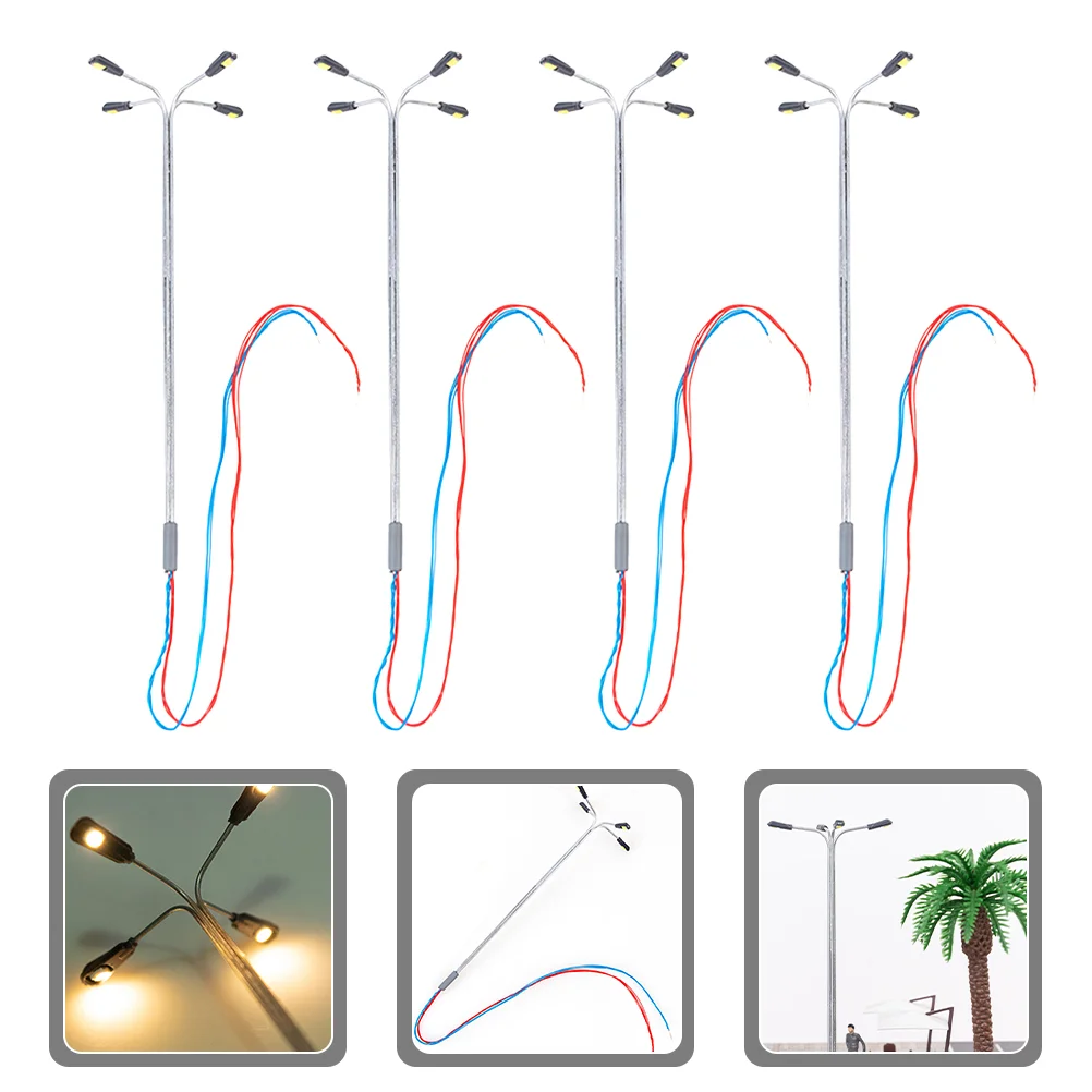 4 Stück LED-Kopf-Straßenlaterne, Modell, Stahlrohr, Konstruktion, Sandtisch, Material, spezieller J-Typ, 4 Stück (weiß, 1:87) Pfostenlampe