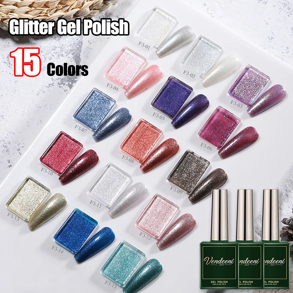 Vendeeni 15 Color/Set Glitter Powder Gel Nail Polish Soak Off UV LED Magnetic Sparkling Shiny Nail Art Gel Varnish Lacquer