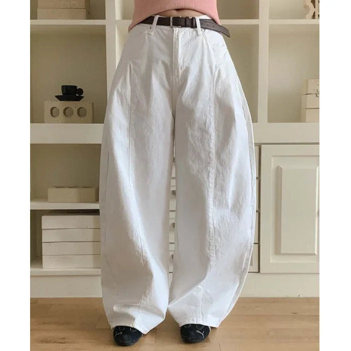 

Pure Color Straight Leg Pleated Floor-Length Jeans High Waist Denim Casual Style Four Seasons Cotton 100% No Stretch