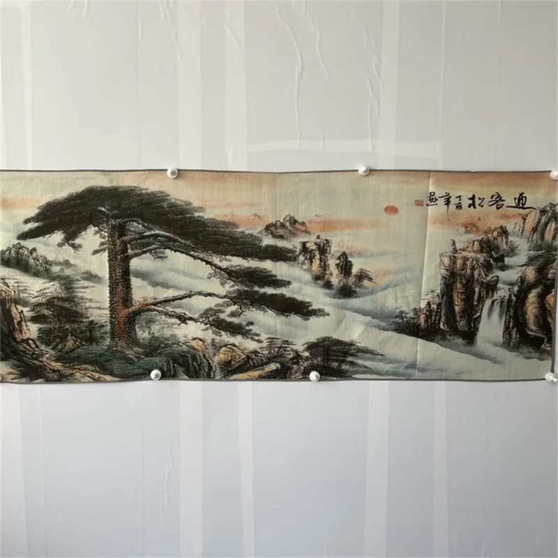 Chinese Old Color Brocade 'Welcoming Pine' Embroidery Artwork  - landscape painting Decorative Home Decor Piece