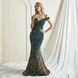 Luxury Mermaid Evening Dress Off-Shoulder Sequin Women Elegant V-Neck vestidos de Glitter Party Dress Green Gradient Formal Wear