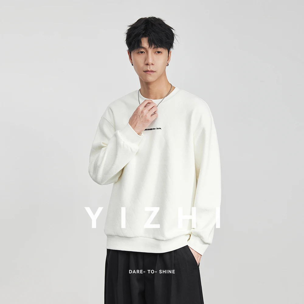 

Fashion Men's Crew Neck Fleece-Lined Sweatshirt 2025 Winter New American Solid Color Letter Casual Long-Sleeved Pullover Top